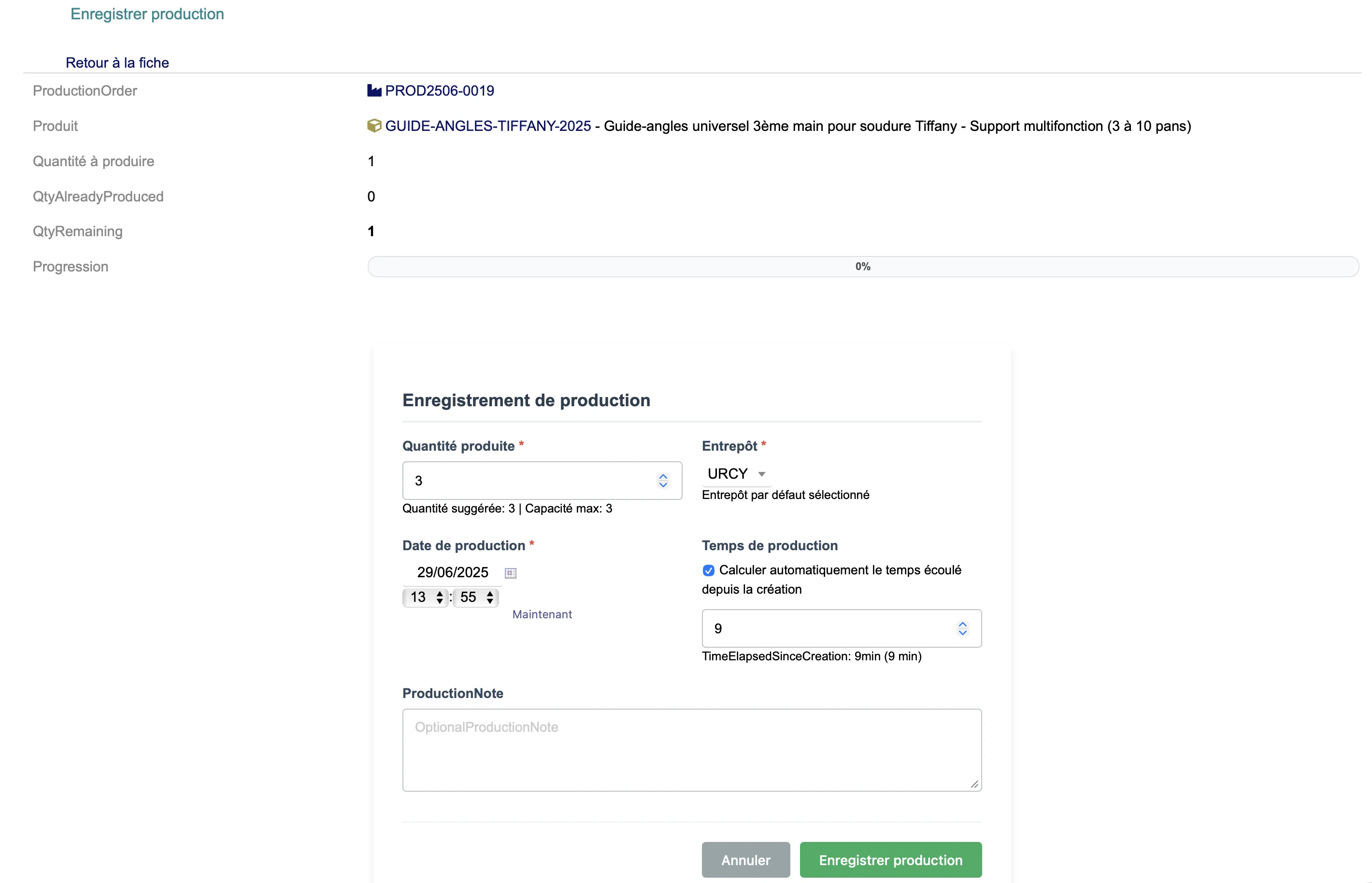 Saisie de ligne de production